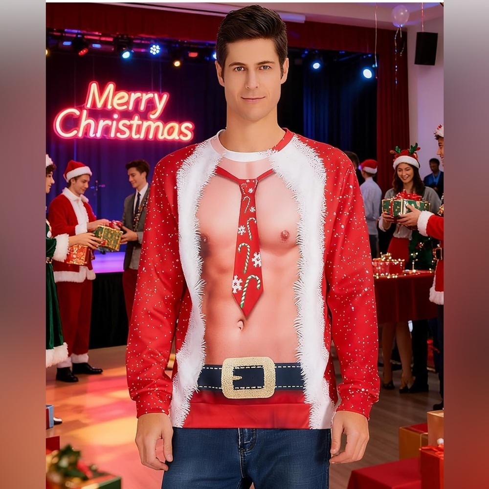 New-XXL Sexy Mens Festive Red Novelty Christmas Sweater